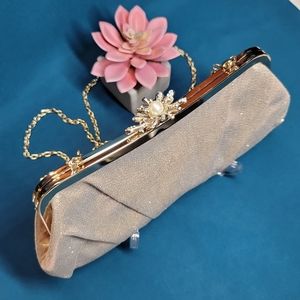 Kate Landry Gold Colored Hardware W/ Shimmery Pink Material Evening Clutch